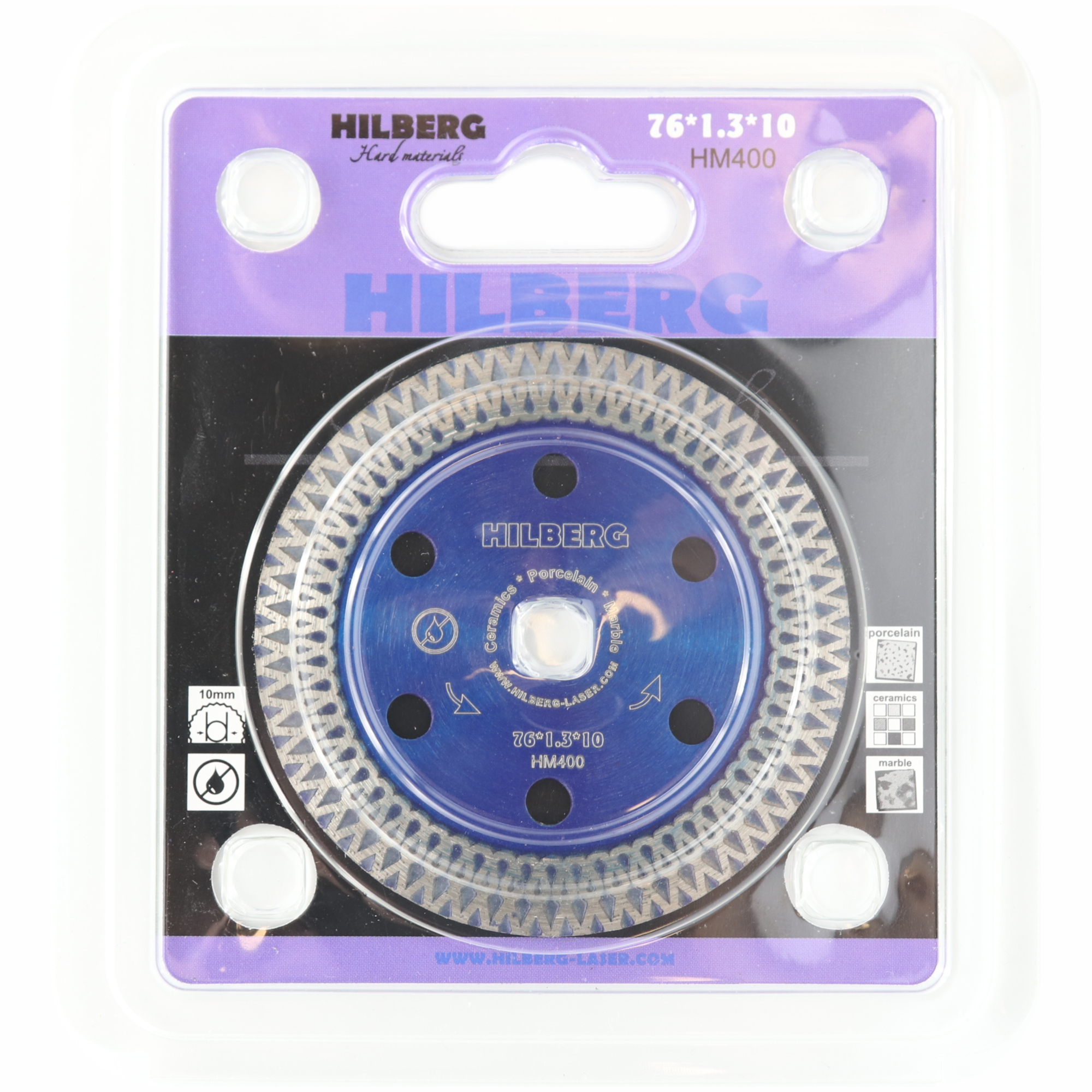 Алмазный диск Hilberg Hard Materials X-type 76 × 10 мм, HM400 — лицевая сторона упаковки