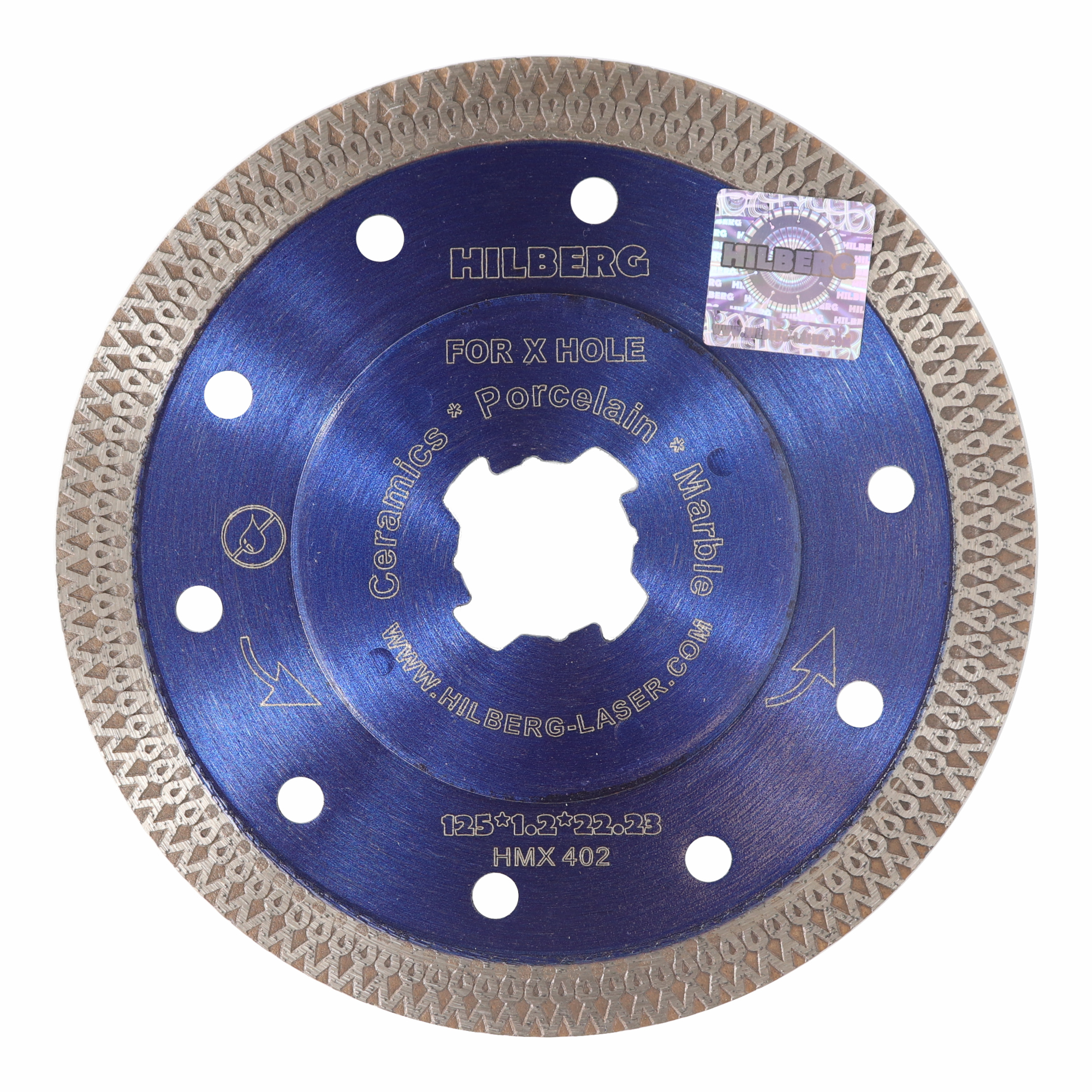 Алмазный диск Hilberg Hard Materials X-type X-Hole 125 × 22,23 мм, HMX402 — диск с маркировкой
