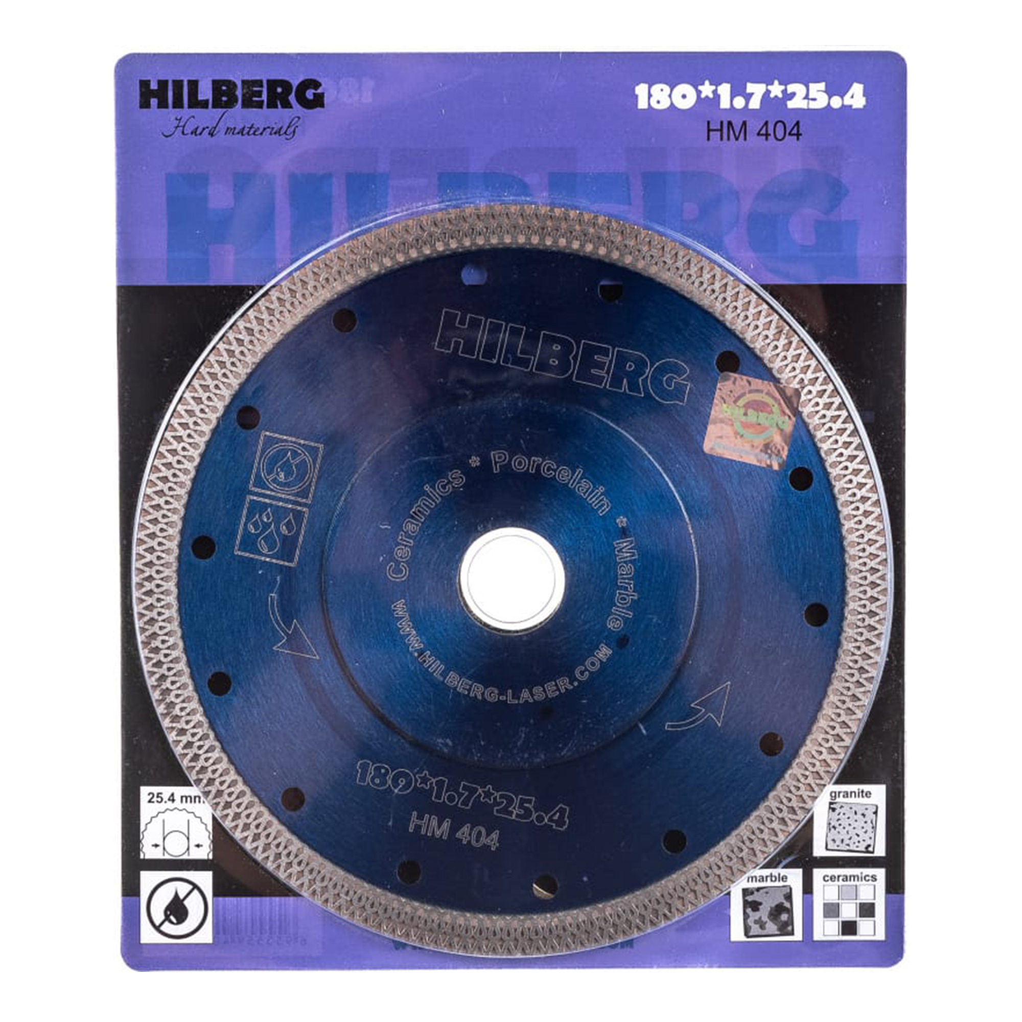 Алмазный диск Hilberg Hard Materials X-type 180 × 25,4 мм, HM404 — лицевая сторона упаковки