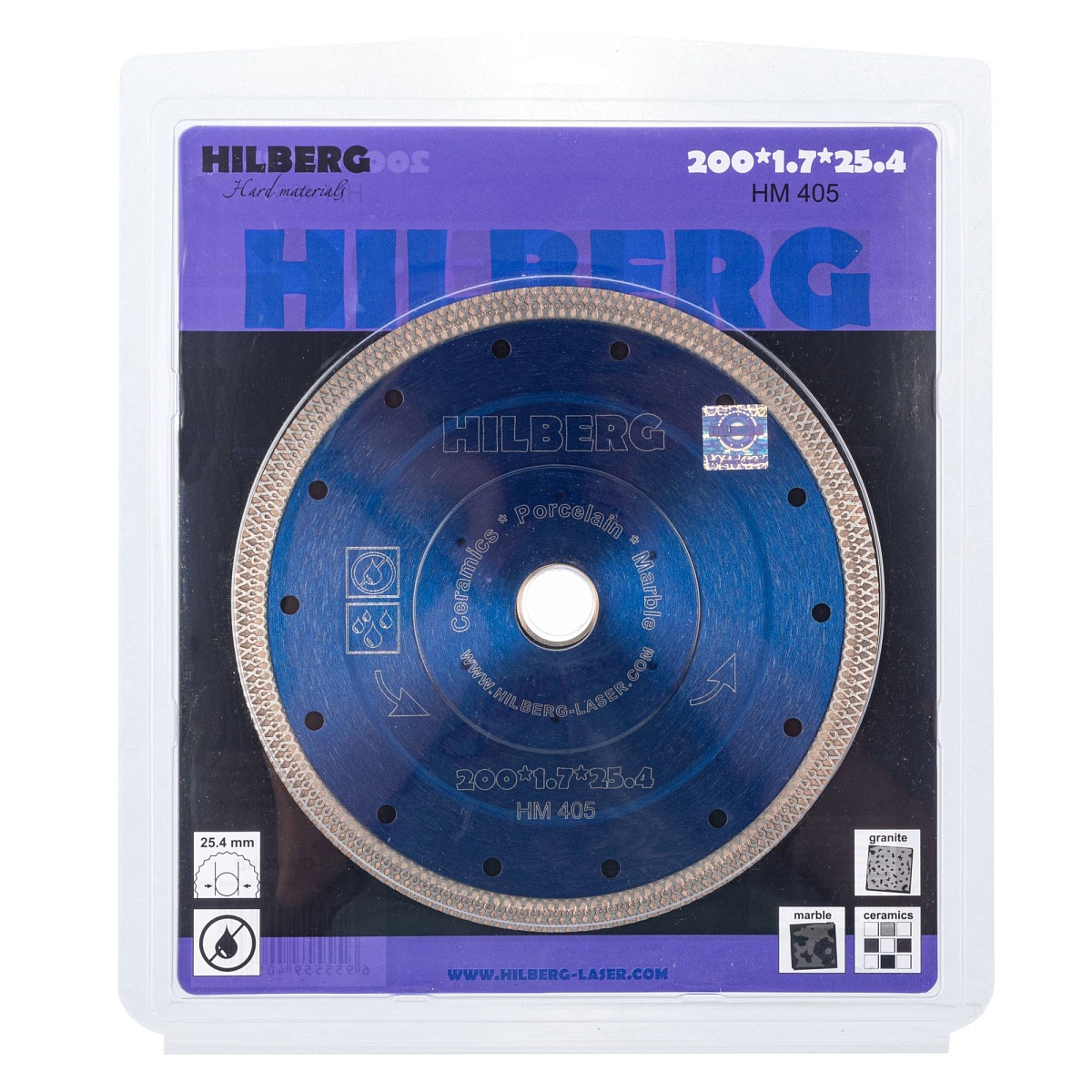 Алмазный диск Hilberg Hard Materials X-type 200 × 25,4 мм, HM405 — лицевая сторона упаковки