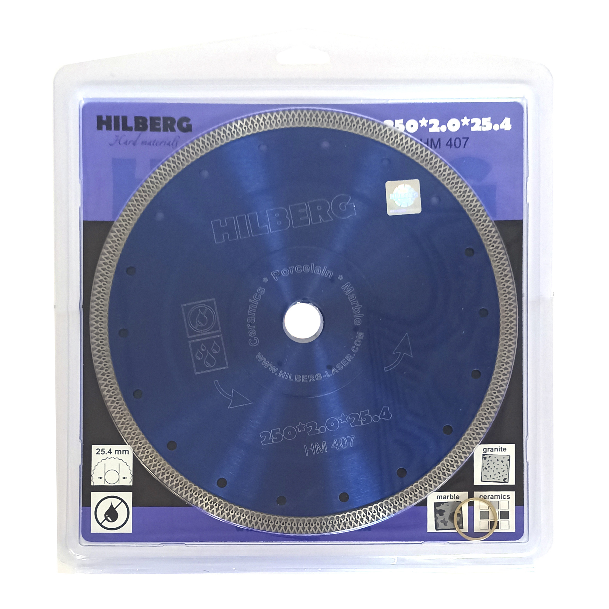 Алмазный диск Hilberg Hard Materials X-type 250 × 25,4 мм, HM407 — лицевая сторона упаковки