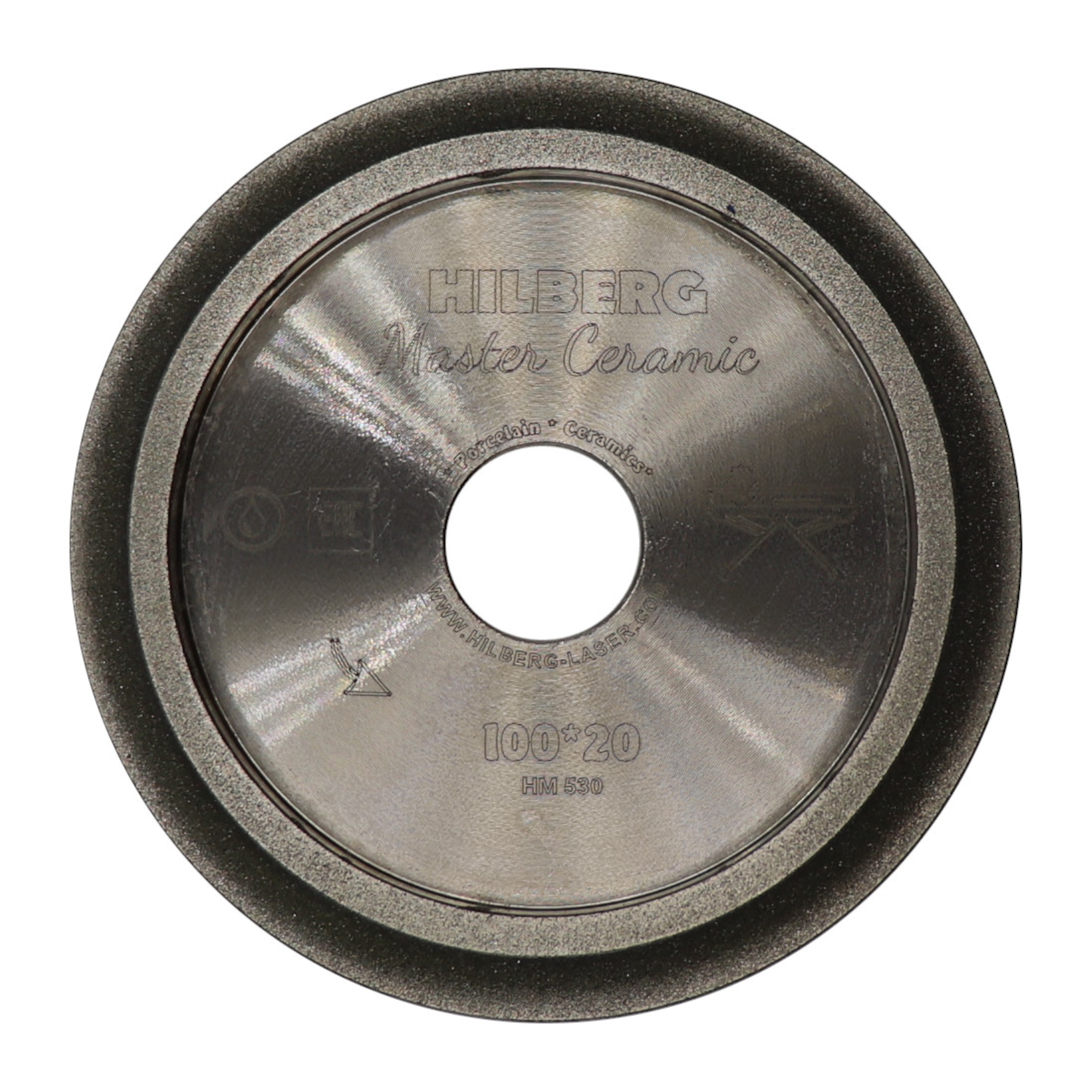 Алмазный профильный круг Hilberg Master Ceramic для скругления края 100 × 20 мм, HM530 — круг с маркировкой