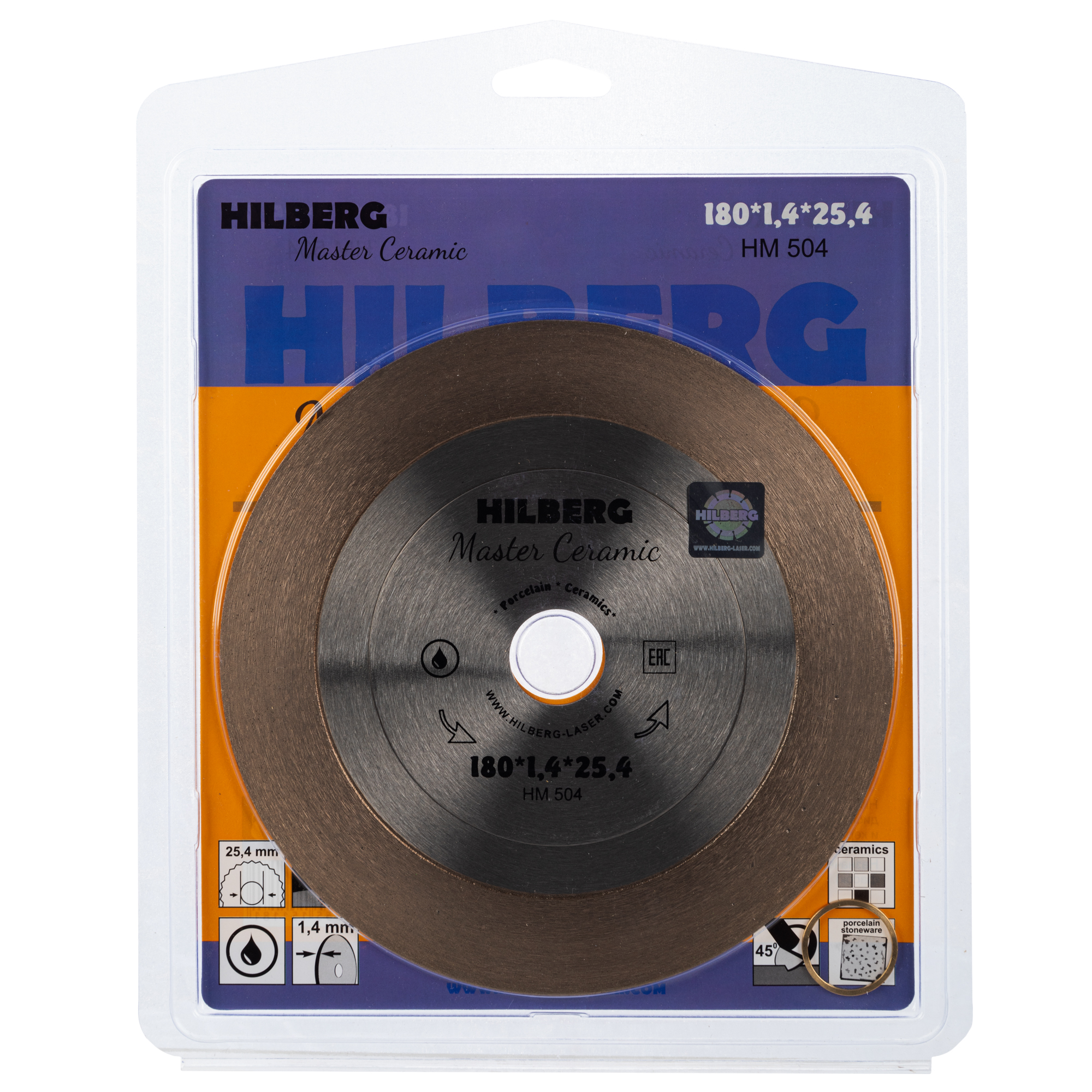 Алмазный диск Hilberg Master Ceramic Сплошной 45° 180 × 25,4 мм, HM504 — лицевая сторона упаковки