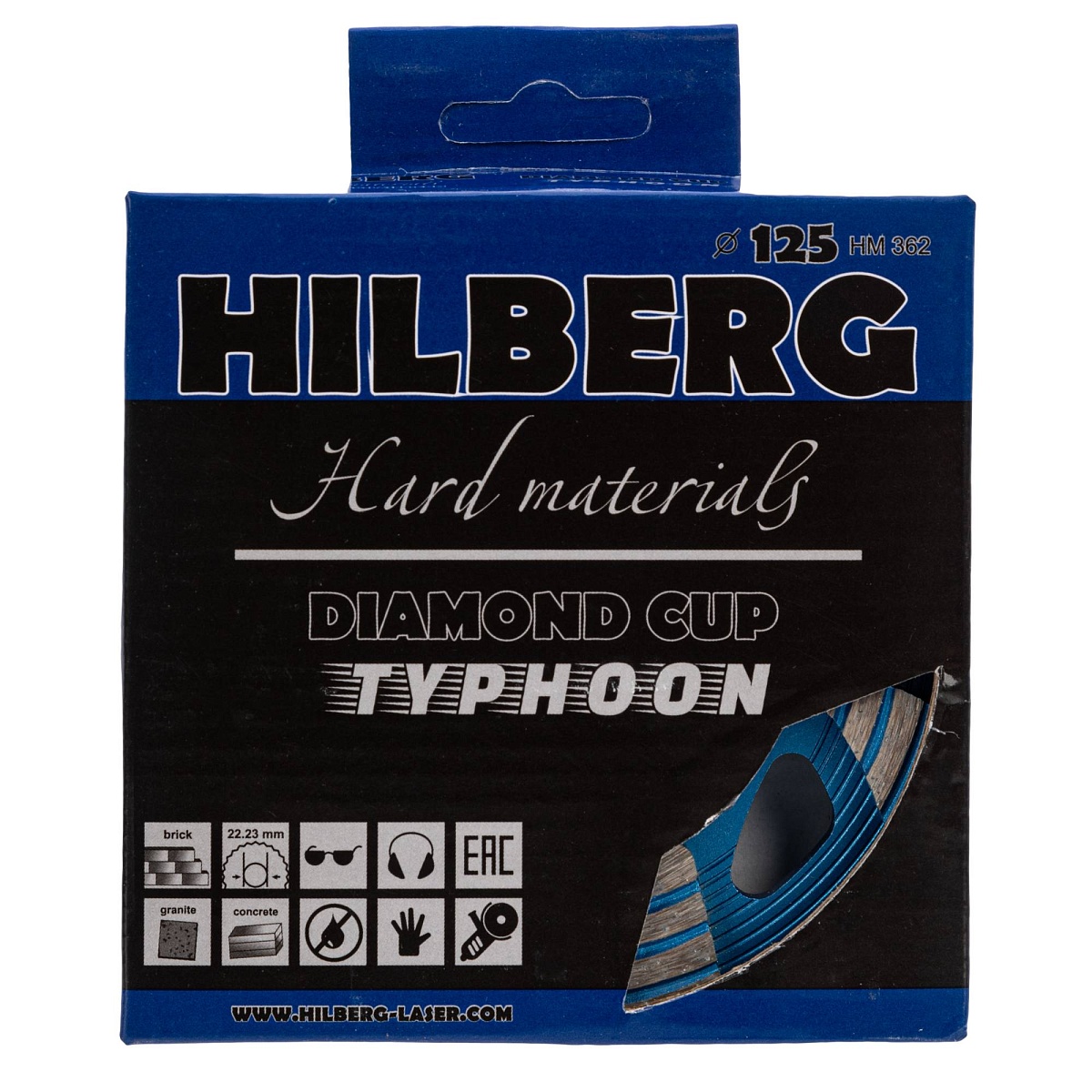 Алмазная чашка Hilberg Typhoon Cup 125 мм, 22,23 мм, зерно 45–60, HM362 — товар и маркировка, фото 2
