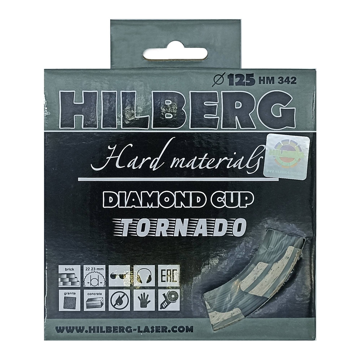 Алмазная чашка Hilberg Tornado Cup 125 мм, 22,23 мм, зерно 45–60, HM342 — товар и маркировка, фото 2