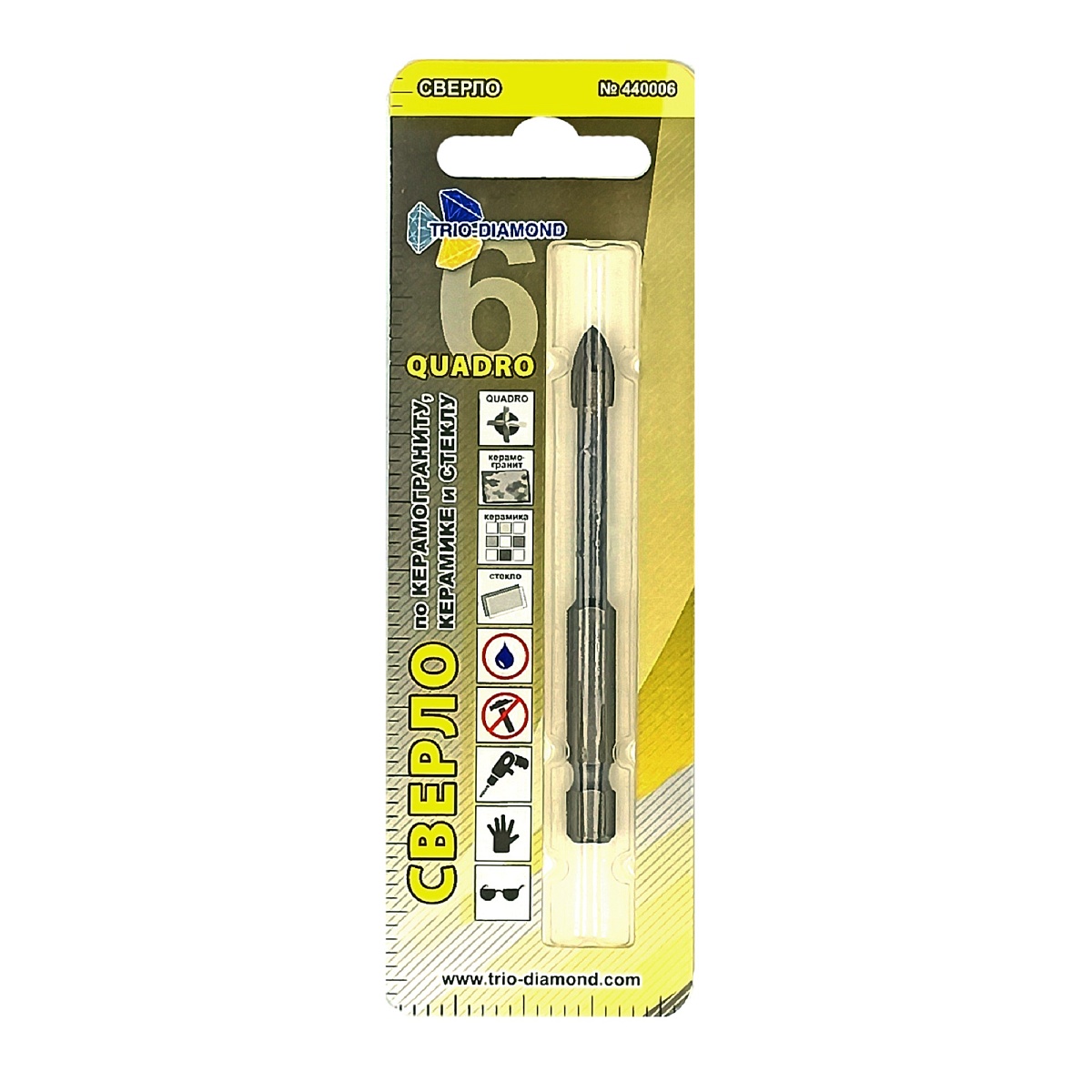 Сверло Trio-Diamond Quadro по керамограниту, керамике и стеклу, 6 мм, 440006 — упаковка с артикулом и диаметром